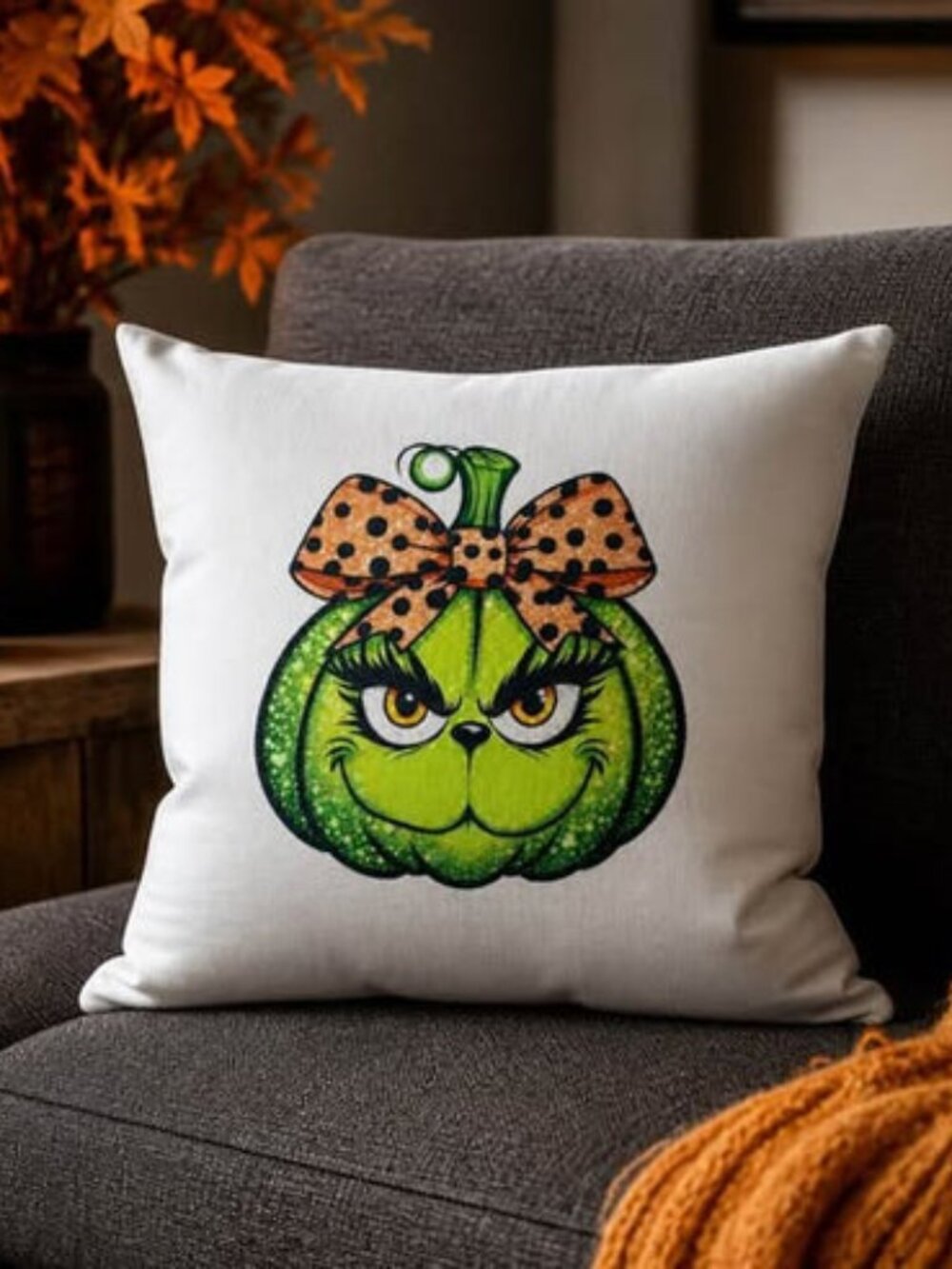 Green Halloween Pumpkin Pillow Cover 16.5” x 16.5” Orange Bow Fall Decor